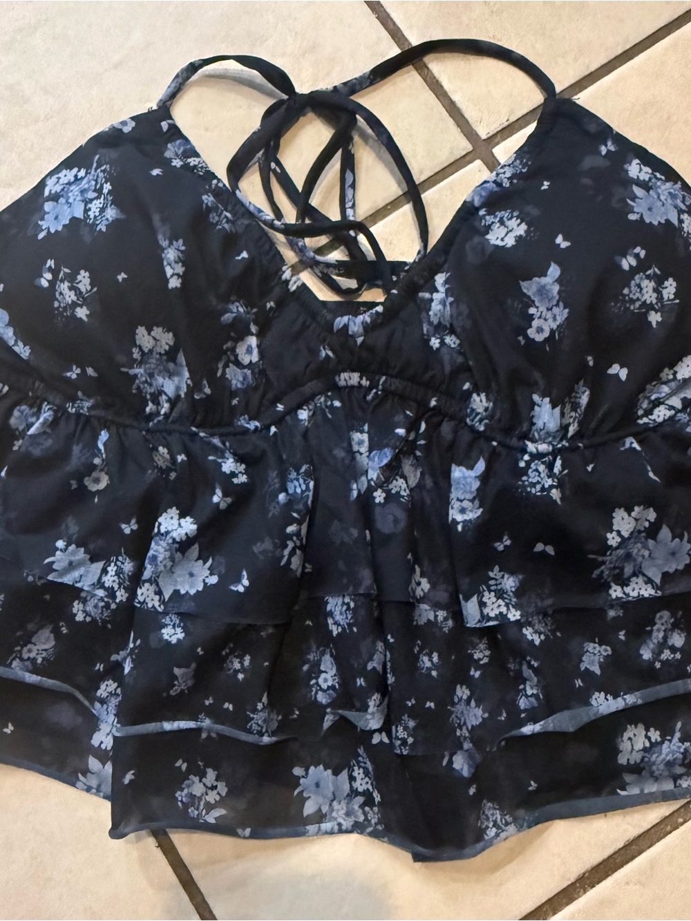 wild fable Black Floral Ruffle Camisole with Blue Print